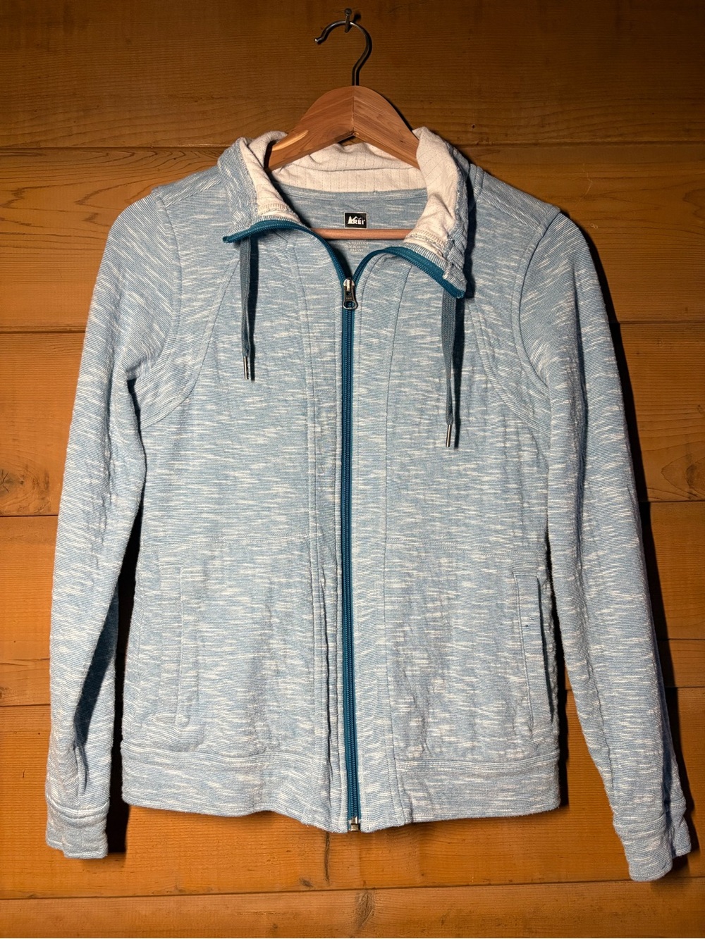 REI Light Blue & White Mock Neck Athletic Warm-Up Jacket Size S Cotton Blend